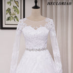 HEULORIA Elegant Long Sleeve Illusion Lace A-Line Wedding Dress with Cathedral Train and Crystal Belt BA-0517