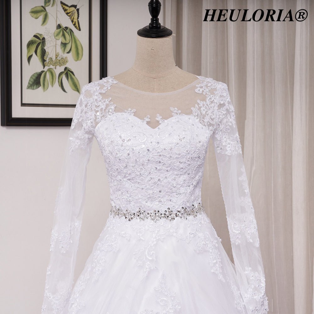 HEULORIA Elegant Long Sleeve Illusion Lace A-Line Wedding Dress with Cathedral Train and Crystal Belt BA-0517