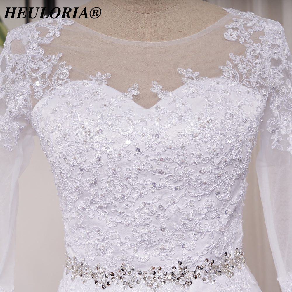HEULORIA Elegant Long Sleeve Illusion Lace A-Line Wedding Dress with Cathedral Train and Crystal Belt BA-0517