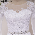 HEULORIA Elegant Long Sleeve Illusion Lace A-Line Wedding Dress with Cathedral Train and Crystal Belt BA-0517