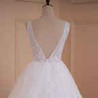 HEULORIA A-line V-Neck Sweep Train Lace Tulle Wedding Dress With Sequins Beading AL-536
