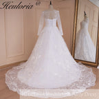 HEULORIA Heuloria Illusion Long Sleeve A-Line Wedding Dress with Vine Embroidery & Beaded Belt BA-548