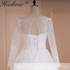 HEULORIA Heuloria Illusion Long Sleeve A-Line Wedding Dress with Vine Embroidery & Beaded Belt BA-548