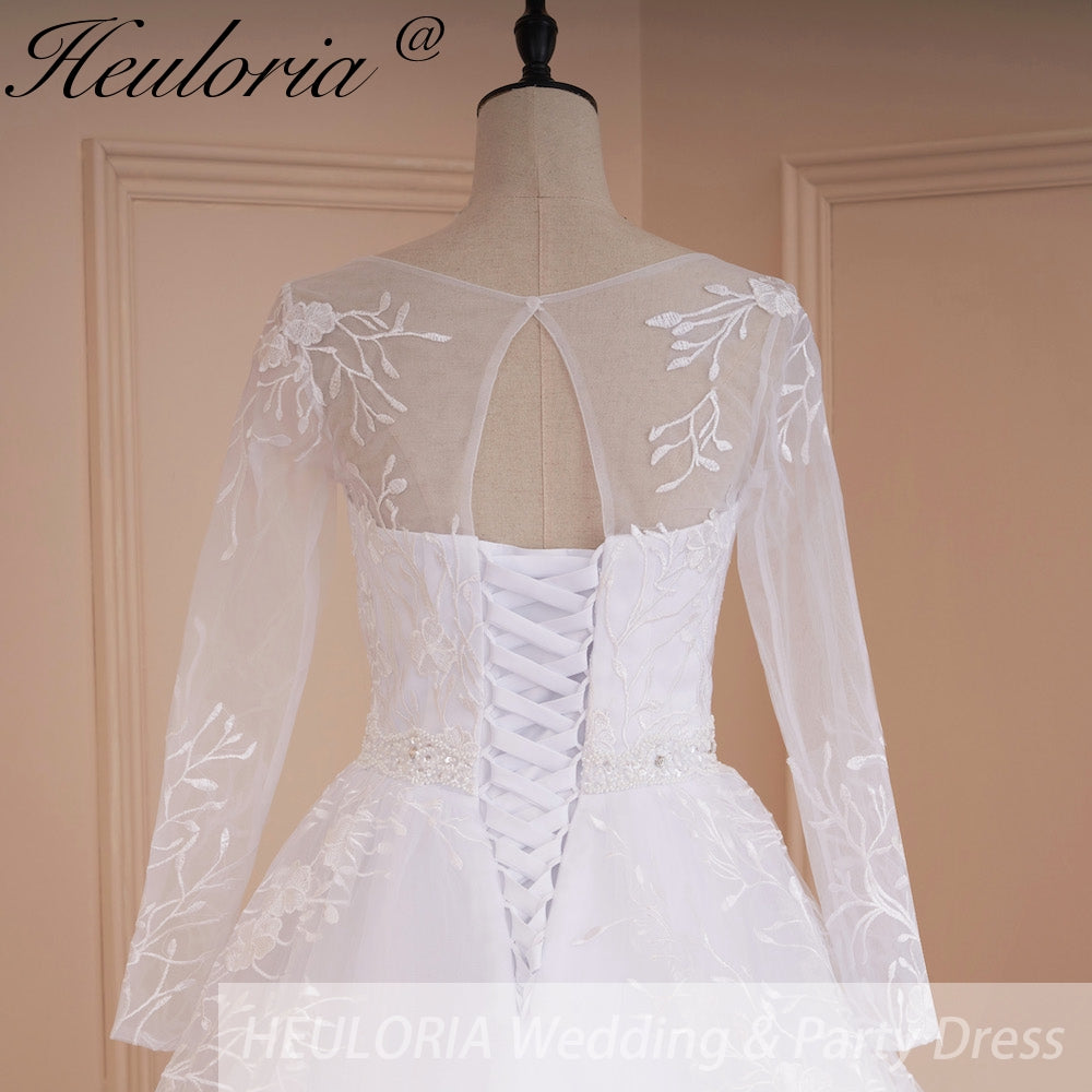 HEULORIA Heuloria Illusion Long Sleeve A-Line Wedding Dress with Vine Embroidery & Beaded Belt BA-548