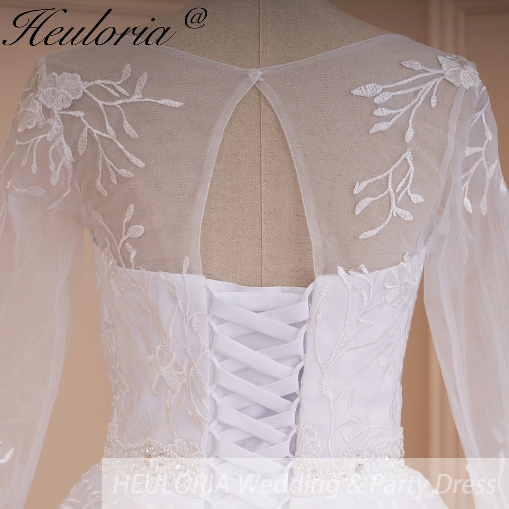 HEULORIA Heuloria Illusion Long Sleeve A-Line Wedding Dress with Vine Embroidery & Beaded Belt BA-548
