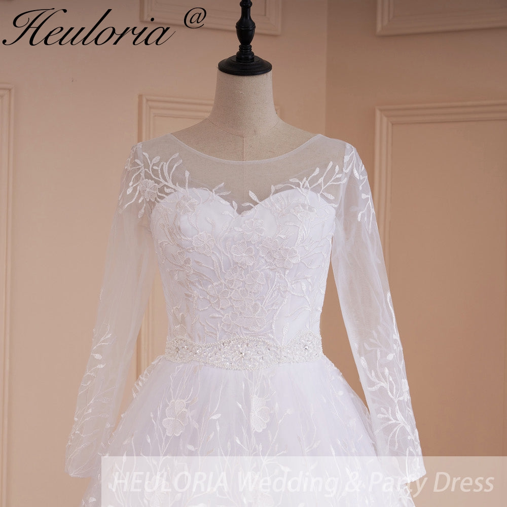 HEULORIA Heuloria Illusion Long Sleeve A-Line Wedding Dress with Vine Embroidery & Beaded Belt BA-548