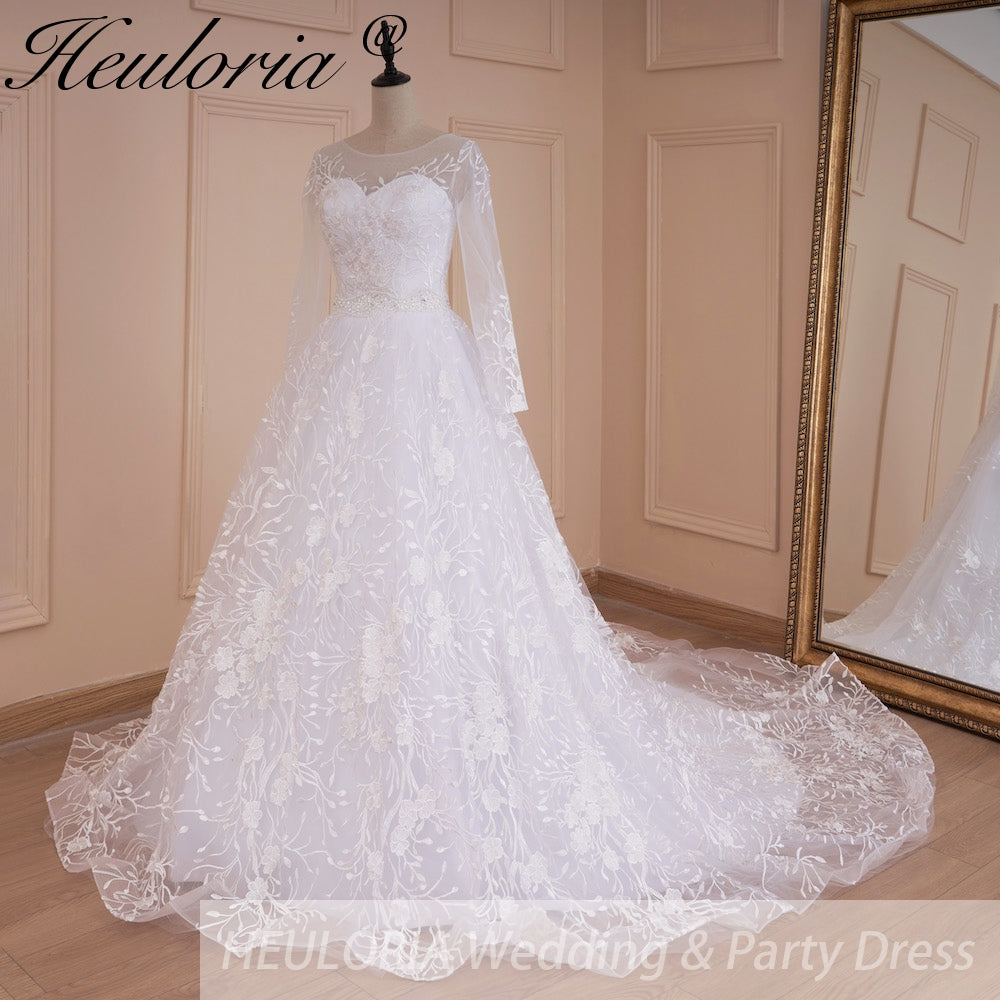 HEULORIA Heuloria Illusion Long Sleeve A-Line Wedding Dress with Vine Embroidery & Beaded Belt BA-548