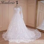 HEULORIA Heuloria Illusion Long Sleeve A-Line Wedding Dress with Vine Embroidery & Beaded Belt BA-548