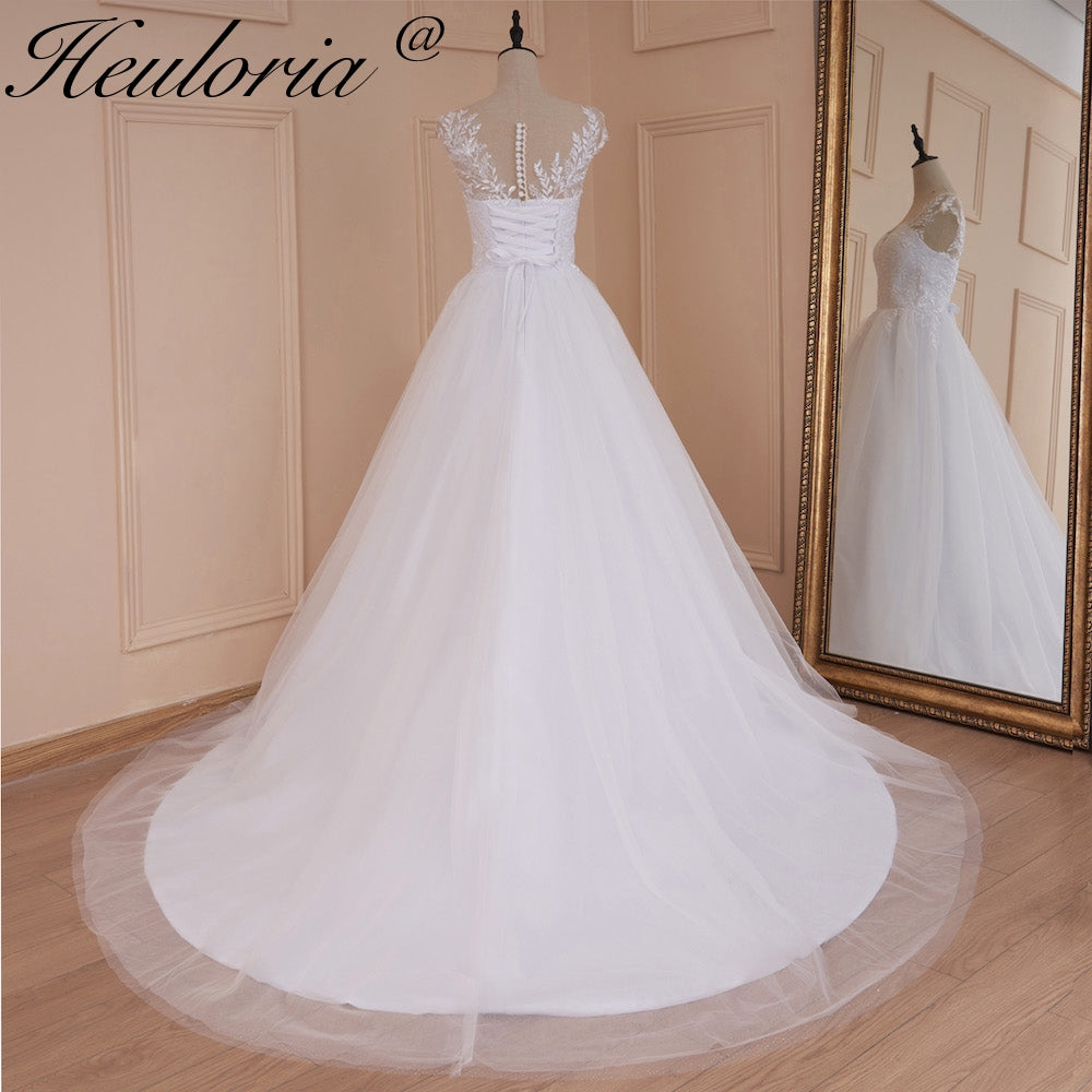 Heuloria Romantic Lace A-Line Wedding Dress with Illusion Neckline and Delicate Cap Sleeves AL-526