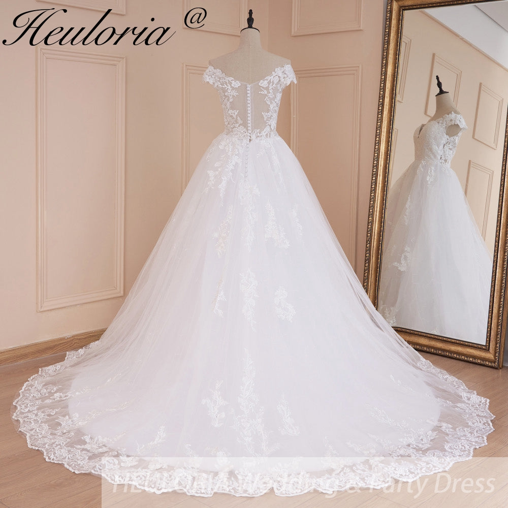 HEULORIA Plunging V-Neck Off-the-Shoulder Lace Wedding Dress with Illusion Back & Scalloped Train BA-546