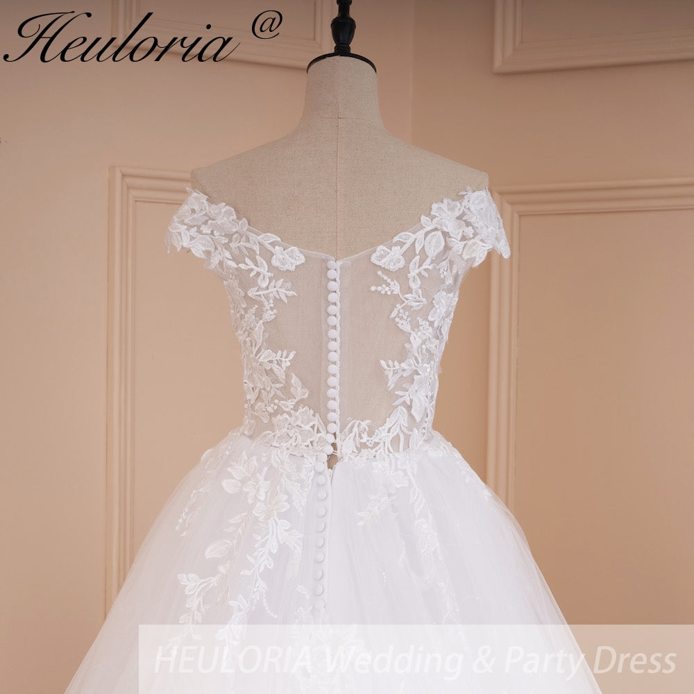 HEULORIA Plunging V-Neck Off-the-Shoulder Lace Wedding Dress with Illusion Back & Scalloped Train BA-546