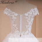 HEULORIA Plunging V-Neck Off-the-Shoulder Lace Wedding Dress with Illusion Back & Scalloped Train BA-546