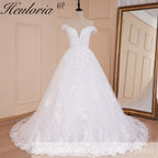 HEULORIA Plunging V-Neck Off-the-Shoulder Lace Wedding Dress with Illusion Back & Scalloped Train BA-546