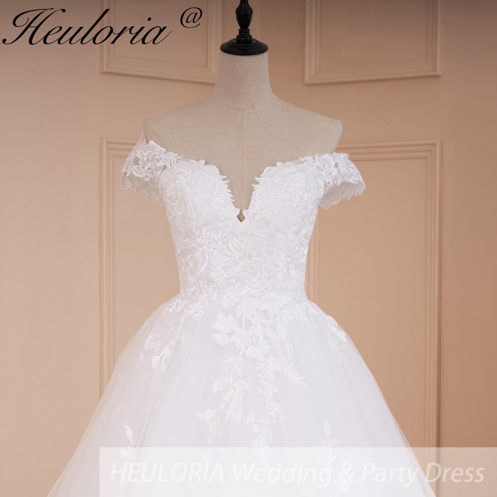 HEULORIA Plunging V-Neck Off-the-Shoulder Lace Wedding Dress with Illusion Back & Scalloped Train BA-546
