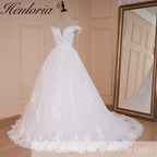 HEULORIA Plunging V-Neck Off-the-Shoulder Lace Wedding Dress with Illusion Back & Scalloped Train BA-546