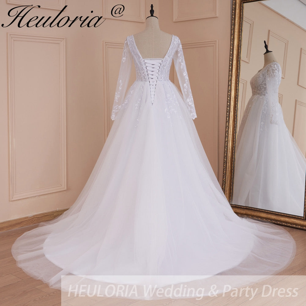 HEULORIA elegant A line long sleeve Court Train Tulle Lace Wedding Dress With Sequins AL-534A
