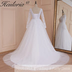 HEULORIA elegant A line long sleeve Court Train Tulle Lace Wedding Dress With Sequins AL-534A