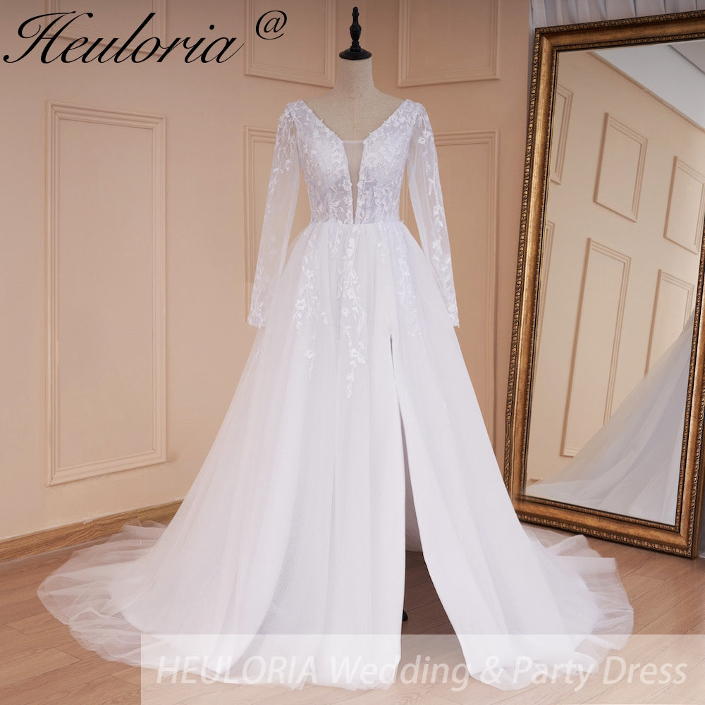 HEULORIA elegant A line long sleeve Court Train Tulle Lace Wedding Dress With Sequins AL-534A