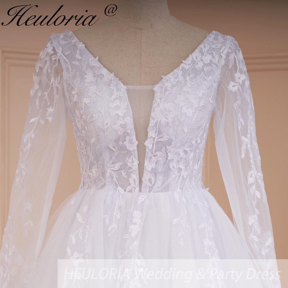 HEULORIA elegant A line long sleeve Court Train Tulle Lace Wedding Dress With Sequins AL-534A