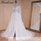 HEULORIA elegant A line long sleeve Court Train Tulle Lace Wedding Dress With Sequins AL-534A