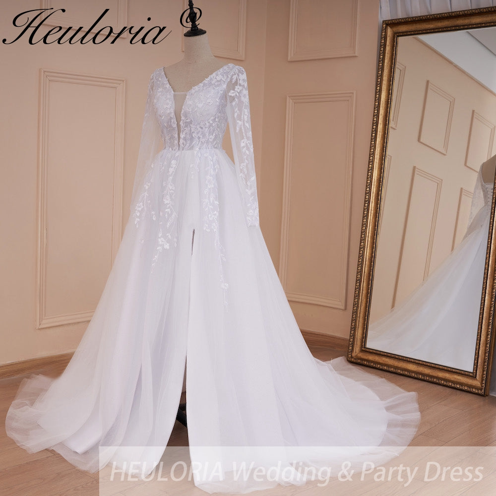 HEULORIA elegant A line long sleeve Court Train Tulle Lace Wedding Dress With Sequins AL-534A