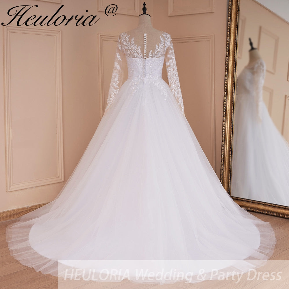 HEULORIA Elegant Illusion Long Sleeve Lace Wedding Dress - Sweetheart Bodice & Cathedral Tulle Skirt AL-709