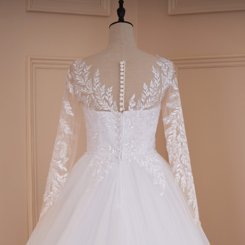Illusion Long Sleeve Wedding Dress | Leaf Lace Appliqu Ball Gown Long Sleeve White / 22W Illusion Long Sleeve Wedding Dress | Leaf Lace Appliqu Ball Gown Long Sleeve White / 22W