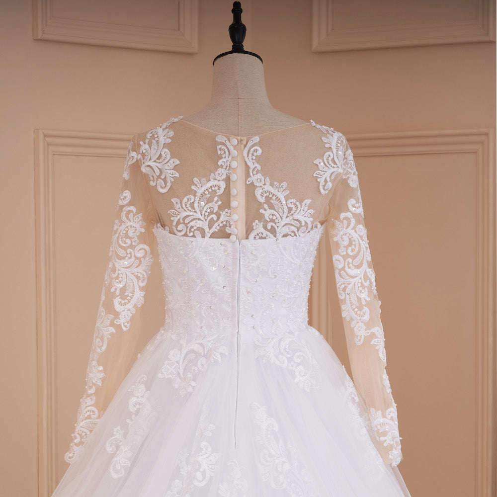 HEULORIA Princess Ball Gown Wedding Dress long sleeve bride dress O neck plus size robe de mariee Lace beading  Bridal Gown BA-539