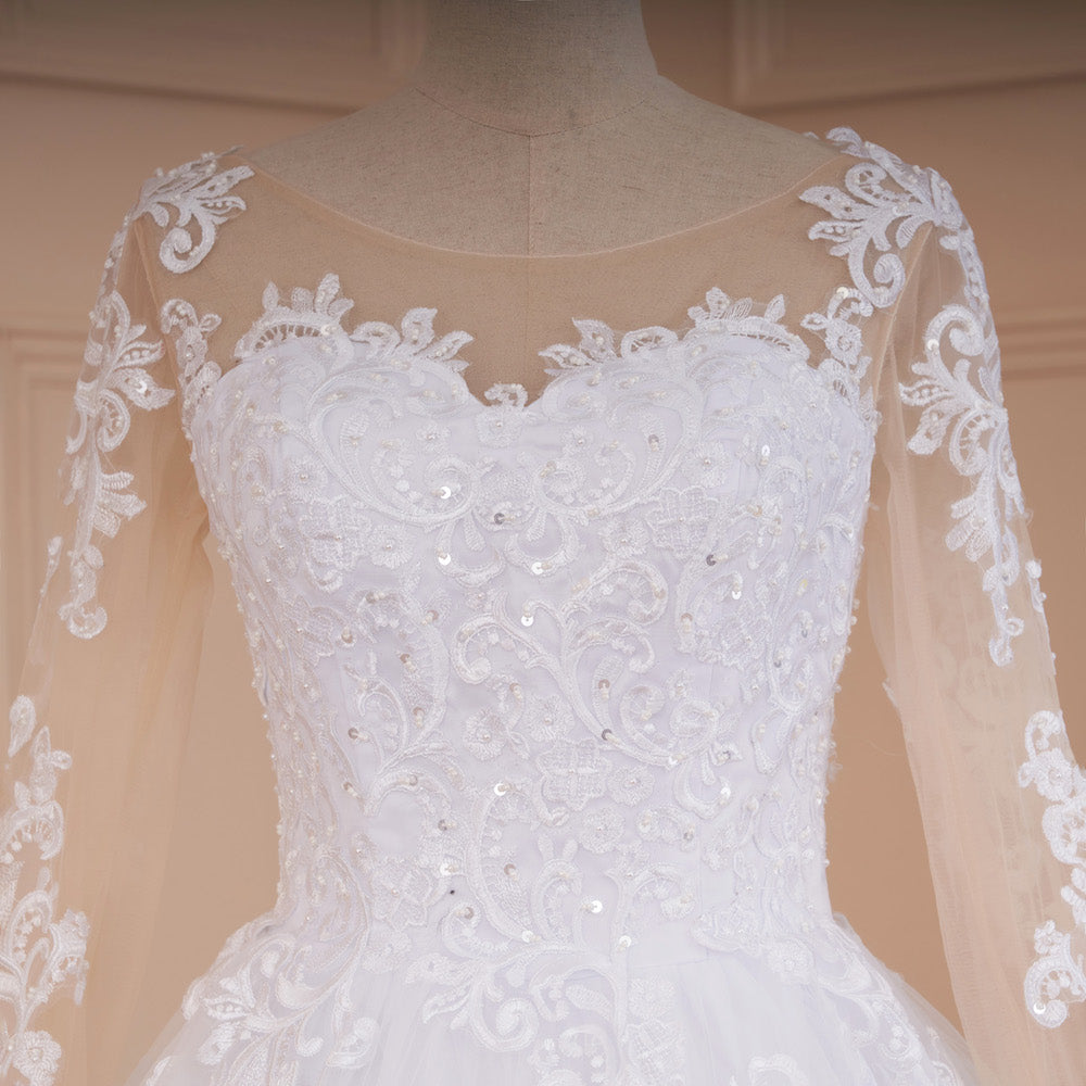 HEULORIA Princess Ball Gown Wedding Dress long sleeve bride dress O neck plus size robe de mariee Lace beading  Bridal Gown BA-539