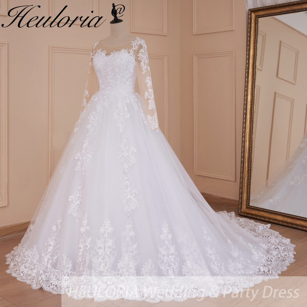 HEULORIA Princess Ball Gown Wedding Dress long sleeve bride dress off shoulder plus size robe de mariee Lace beads Bridal Gown BA-778