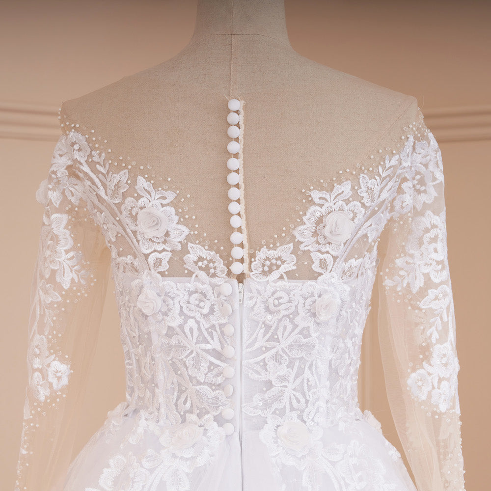 HEULORIA long sleeve sweetheart lace beading wedding dress plus size shinny lace princess ball gown wedding dress BA-559