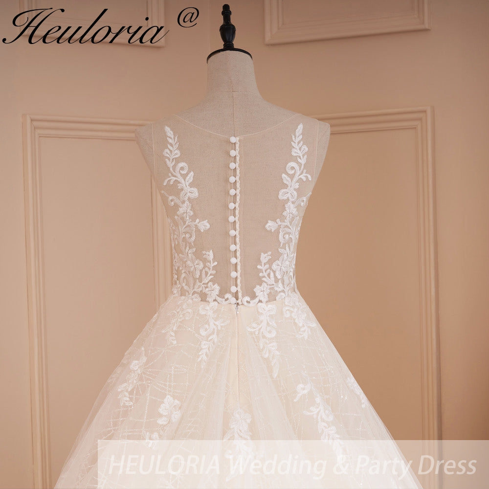 HEULORIA Illusion Deep V-Neck Lace A-Line Wedding Dress with Shimmering Grid Tulle and Button Back AL-561plus