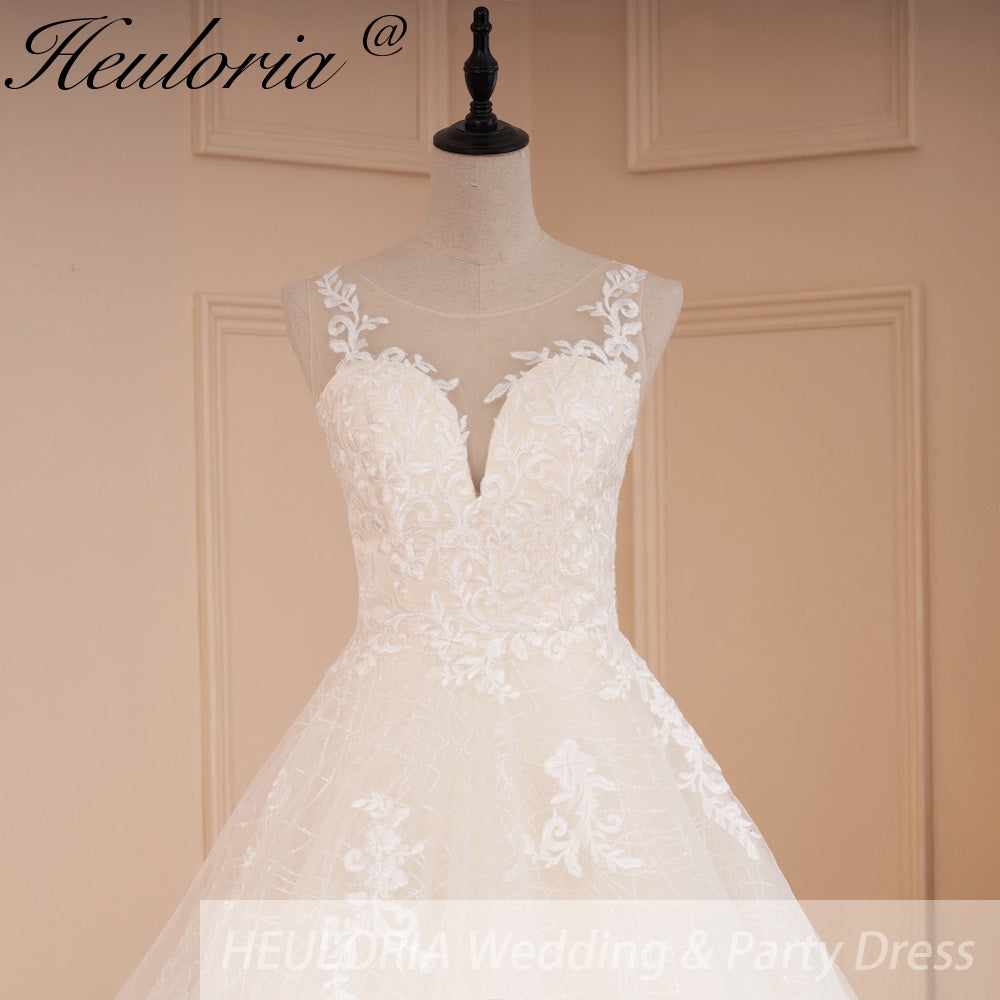 HEULORIA Illusion Deep V-Neck Lace A-Line Wedding Dress with Shimmering Grid Tulle and Button Back AL-561plus