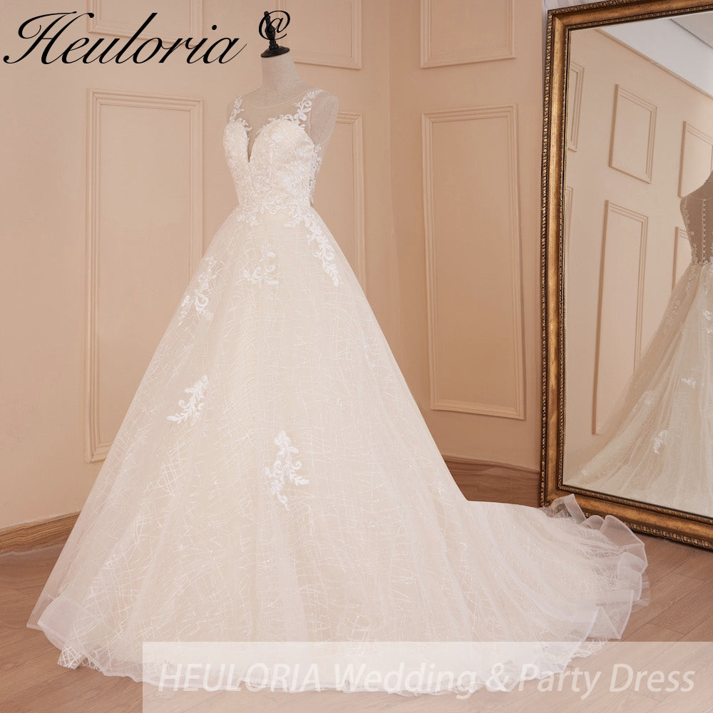HEULORIA Illusion Deep V-Neck Lace A-Line Wedding Dress with Shimmering Grid Tulle and Button Back AL-561plus