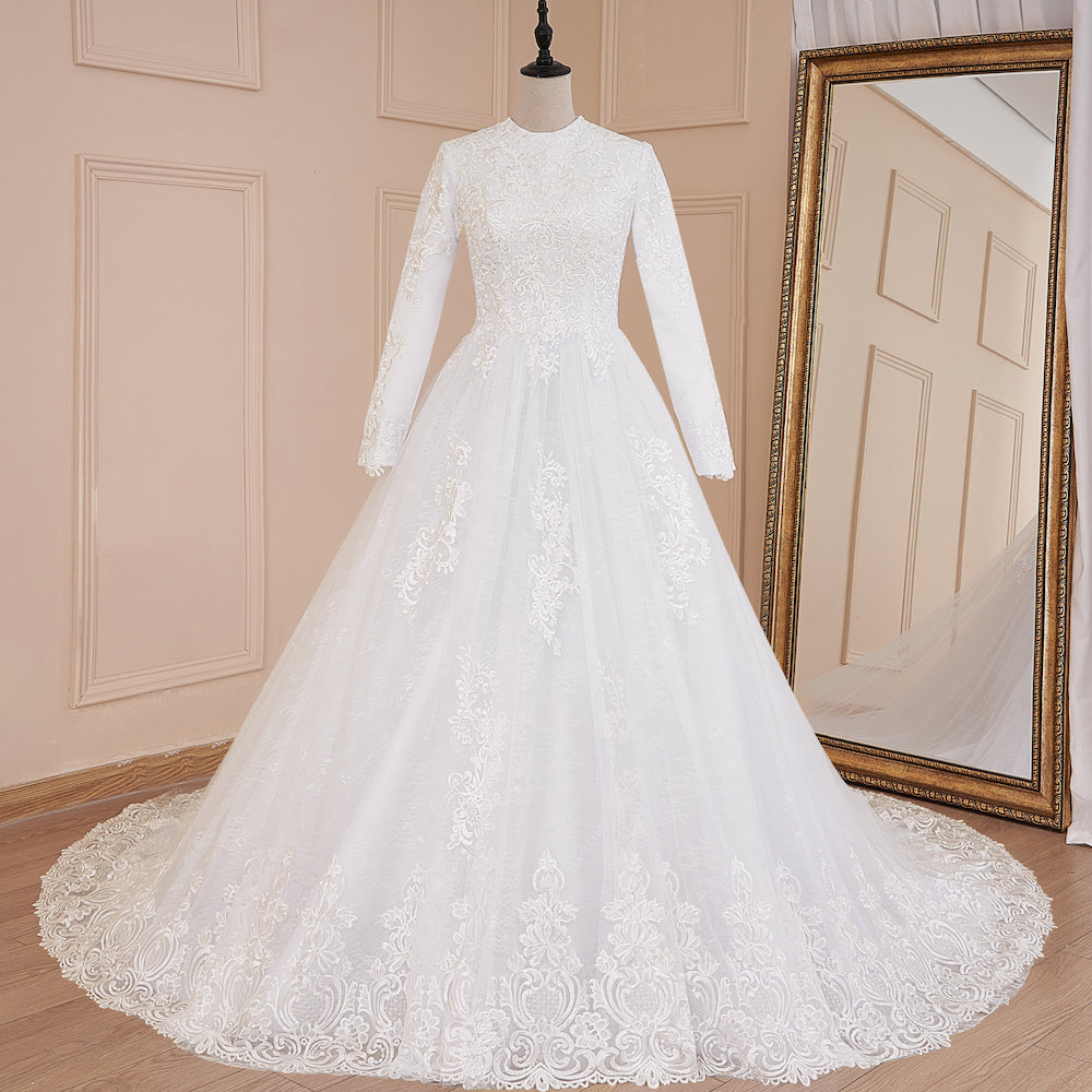 HEULORIA Muslim ball gown Wedding Dress long sleeve round neck plus size robe de mariee Lace beading bride dress court train BA-570