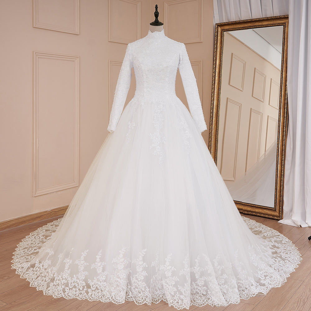 HEULORIA princess Wedding Dress long sleeve high neck bride dress lace beading Plus size muslim wedding gown court train BA-575