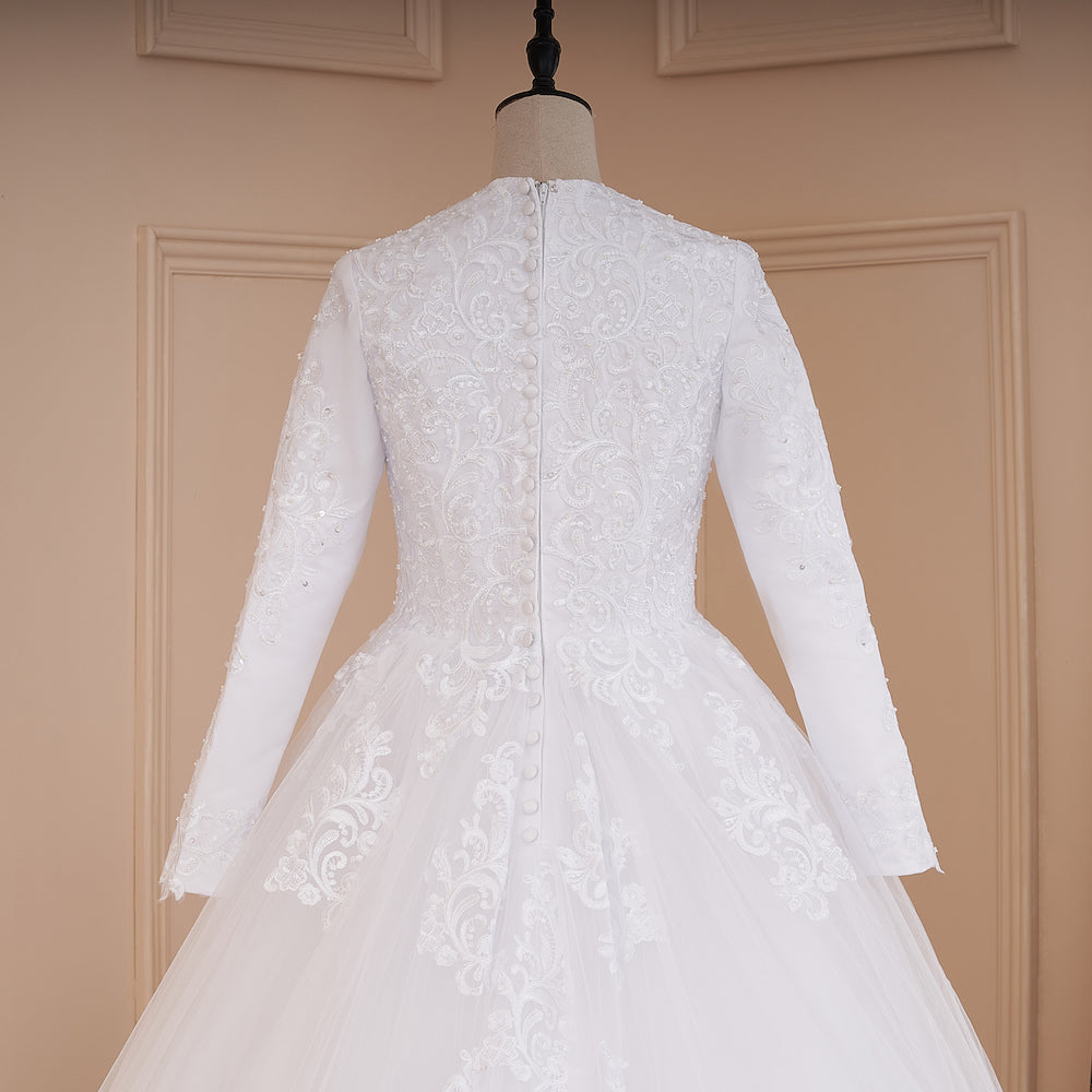 HEULORIA Muslim Wedding Dress long sleeve bride dress O neck plus size robe de mariee Lace beading  Bridal Gown BA-576