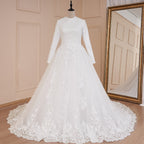 HEULORIA Muslim Wedding Dress long sleeve bride dress O neck plus size robe de mariee Lace beading  Bridal Gown BA-576