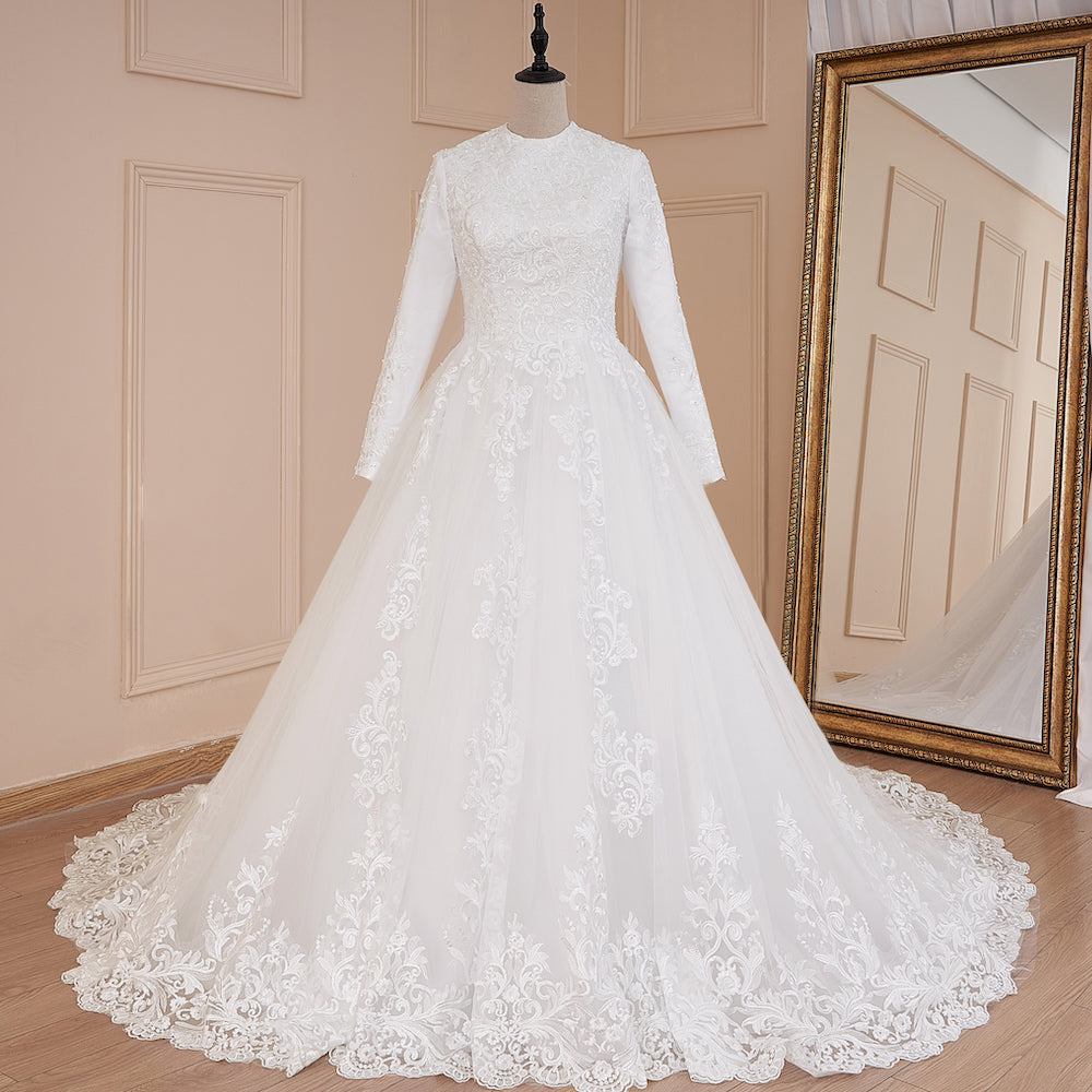 HEULORIA Muslim Wedding Dress long sleeve bride dress O neck plus size robe de mariee Lace beading  Bridal Gown BA-576