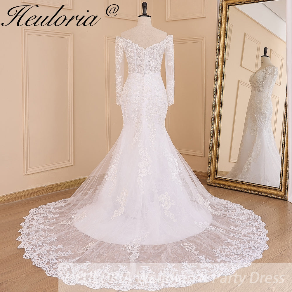 HEULORIA Off-the-Shoulder Long Sleeve Mermaid Wedding Dress with Intricate Lace and Chapel Train ME-629