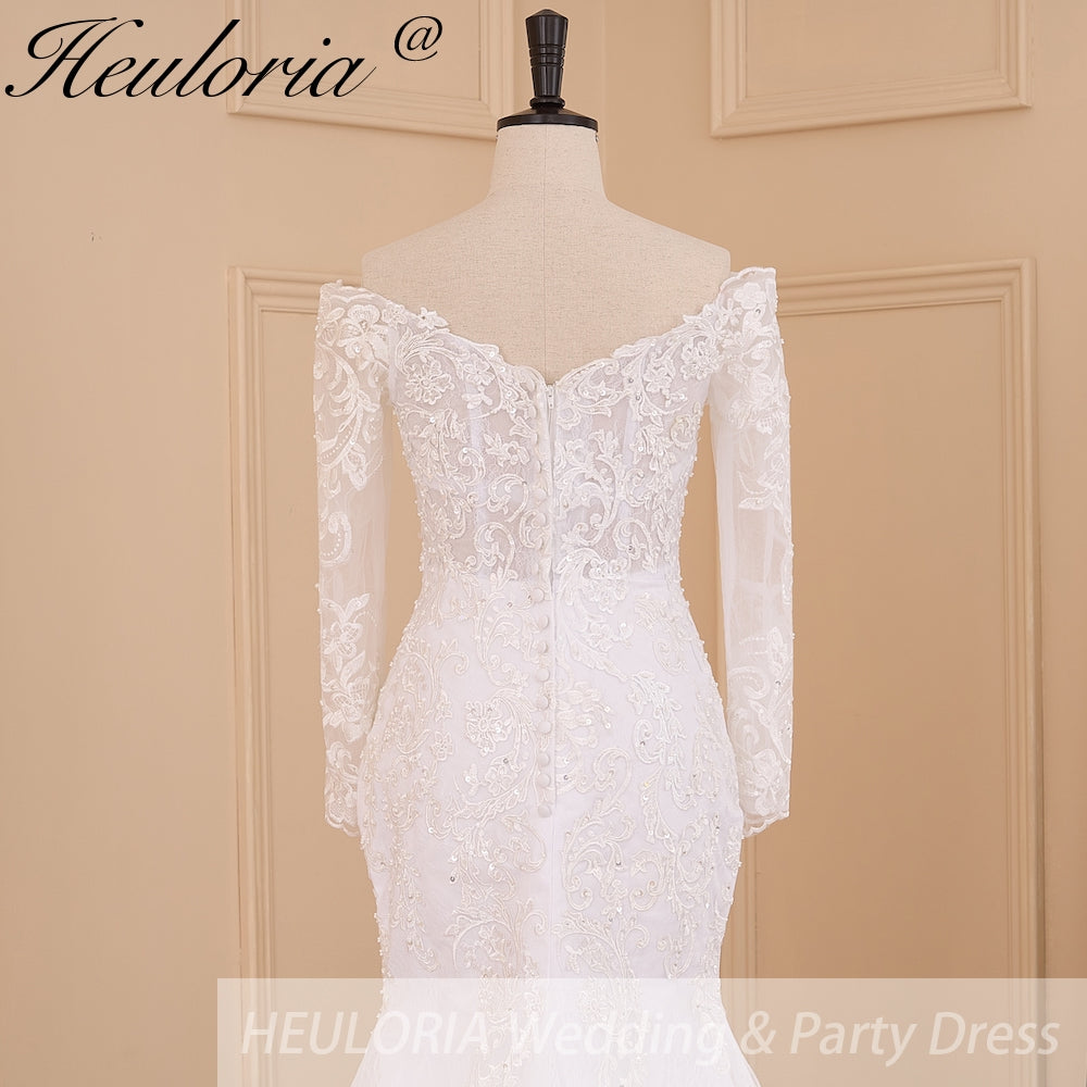 HEULORIA Off-the-Shoulder Long Sleeve Mermaid Wedding Dress with Intricate Lace and Chapel Train ME-629