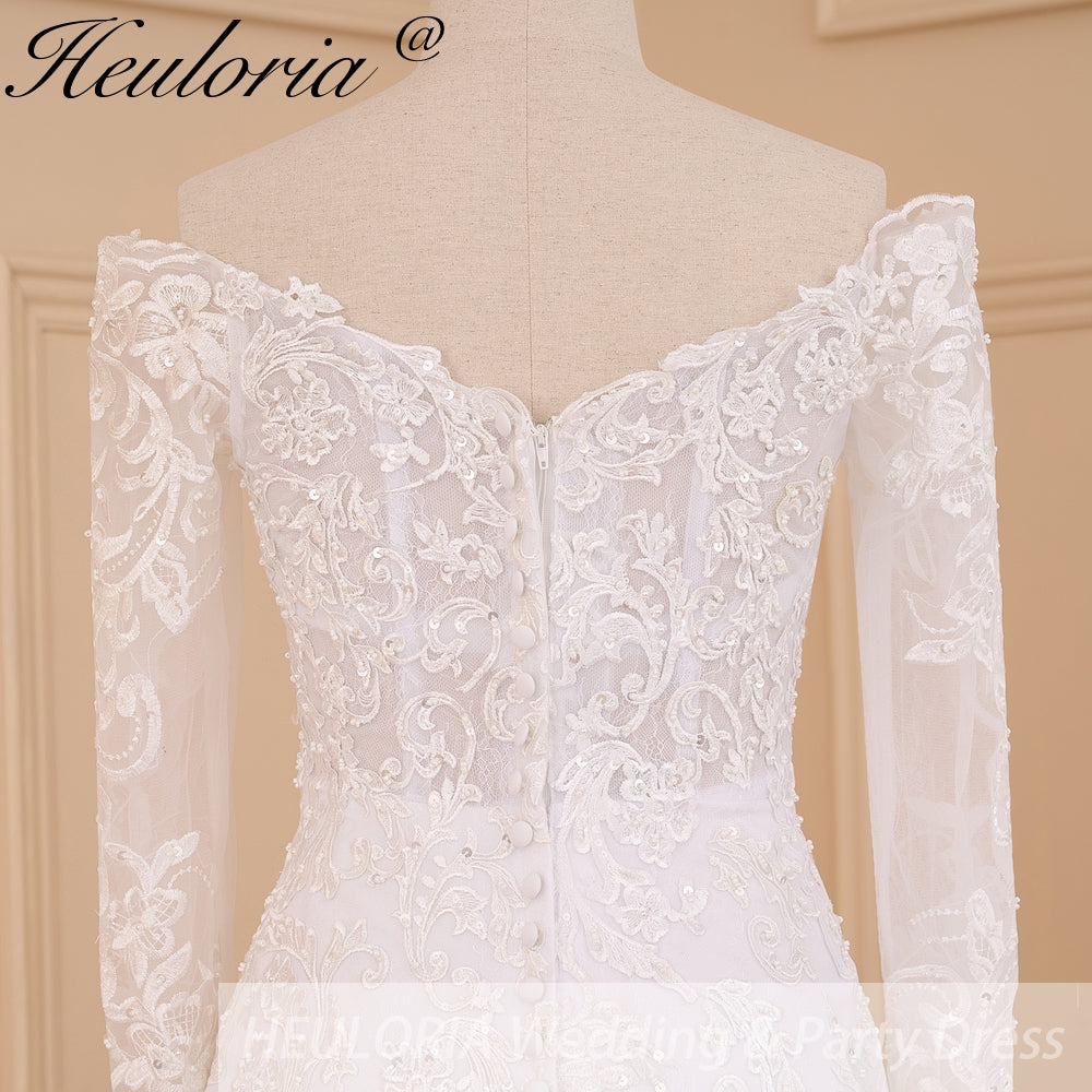 HEULORIA Off-the-Shoulder Long Sleeve Mermaid Wedding Dress with Intricate Lace and Chapel Train ME-629