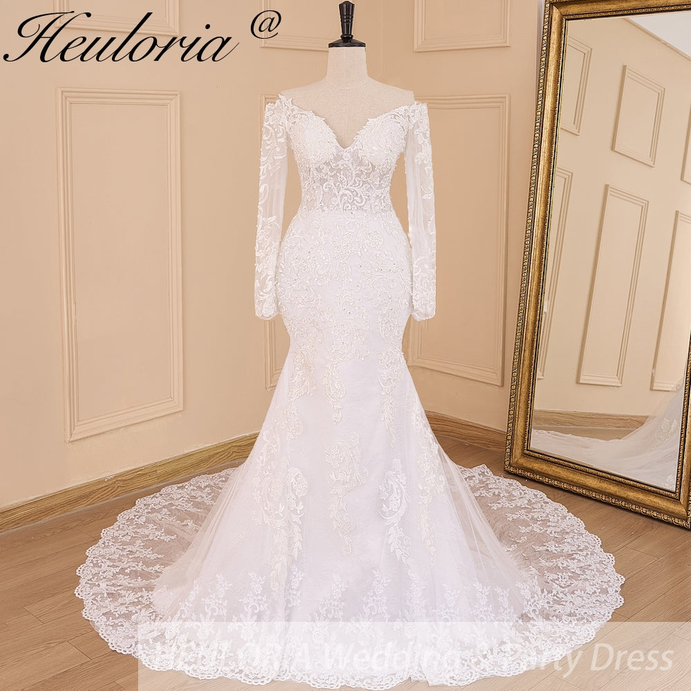 HEULORIA Off-the-Shoulder Long Sleeve Mermaid Wedding Dress with Intricate Lace and Chapel Train ME-629