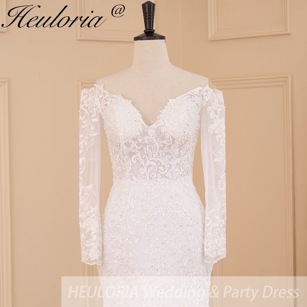 HEULORIA Off-the-Shoulder Long Sleeve Mermaid Wedding Dress with Intricate Lace and Chapel Train ME-629