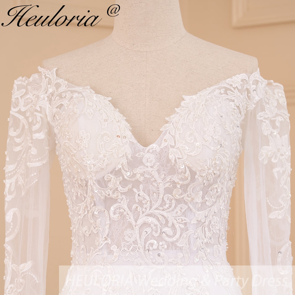 HEULORIA Off-the-Shoulder Long Sleeve Mermaid Wedding Dress with Intricate Lace and Chapel Train ME-629