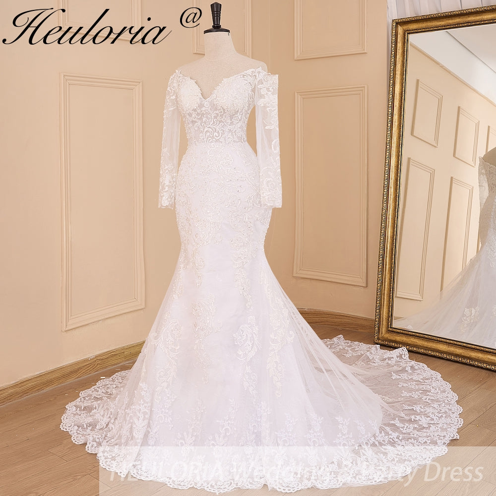 HEULORIA Off-the-Shoulder Long Sleeve Mermaid Wedding Dress with Intricate Lace and Chapel Train ME-629