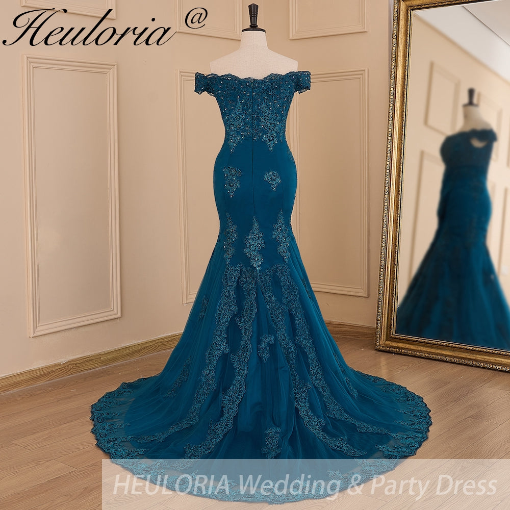 HEULORIA mermaid evening dress off shoulder lace beading wedding party dress long train formal prom dress ME-607