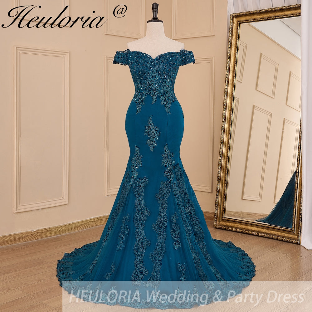 HEULORIA mermaid evening dress off shoulder lace beading wedding party dress long train formal prom dress ME-607