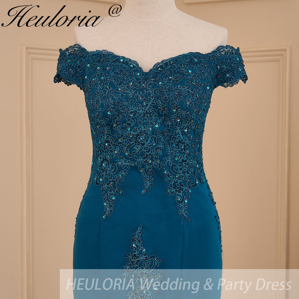 HEULORIA mermaid evening dress off shoulder lace beading wedding party dress long train formal prom dress ME-607