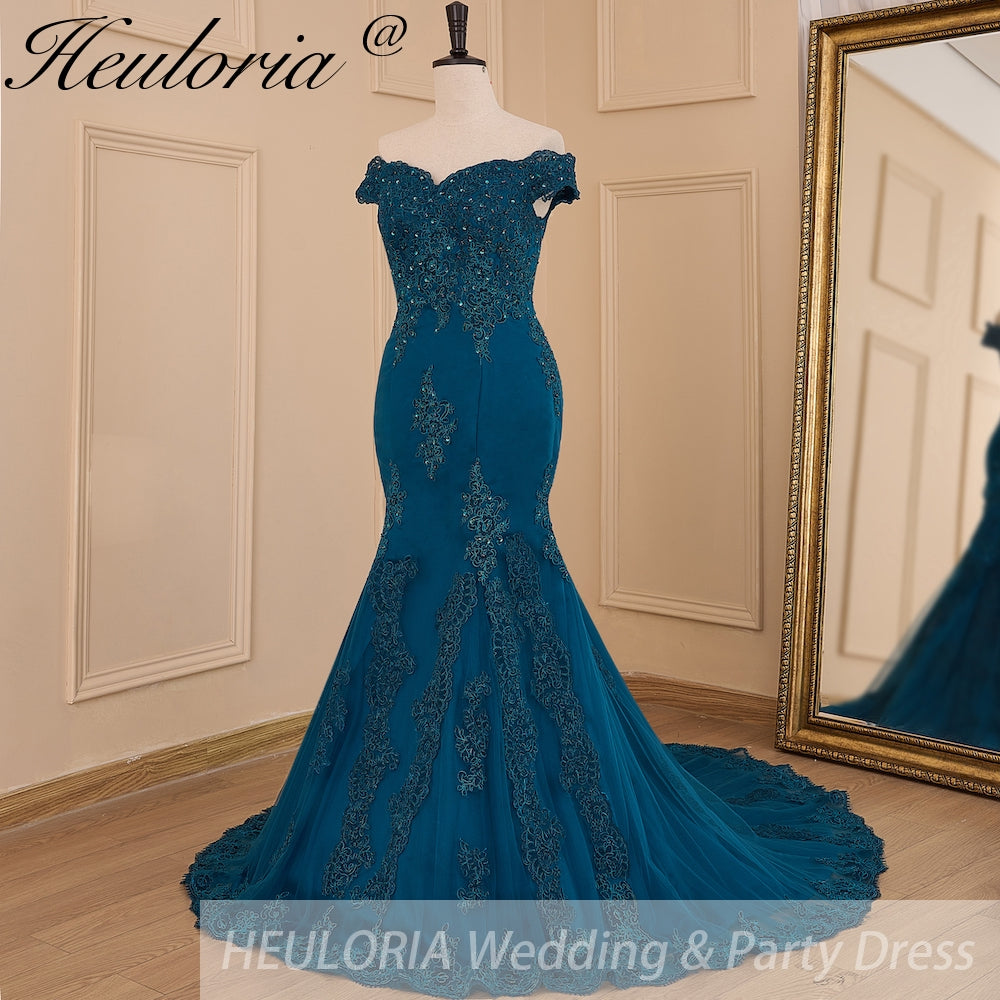 HEULORIA mermaid evening dress off shoulder lace beading wedding party dress long train formal prom dress ME-607
